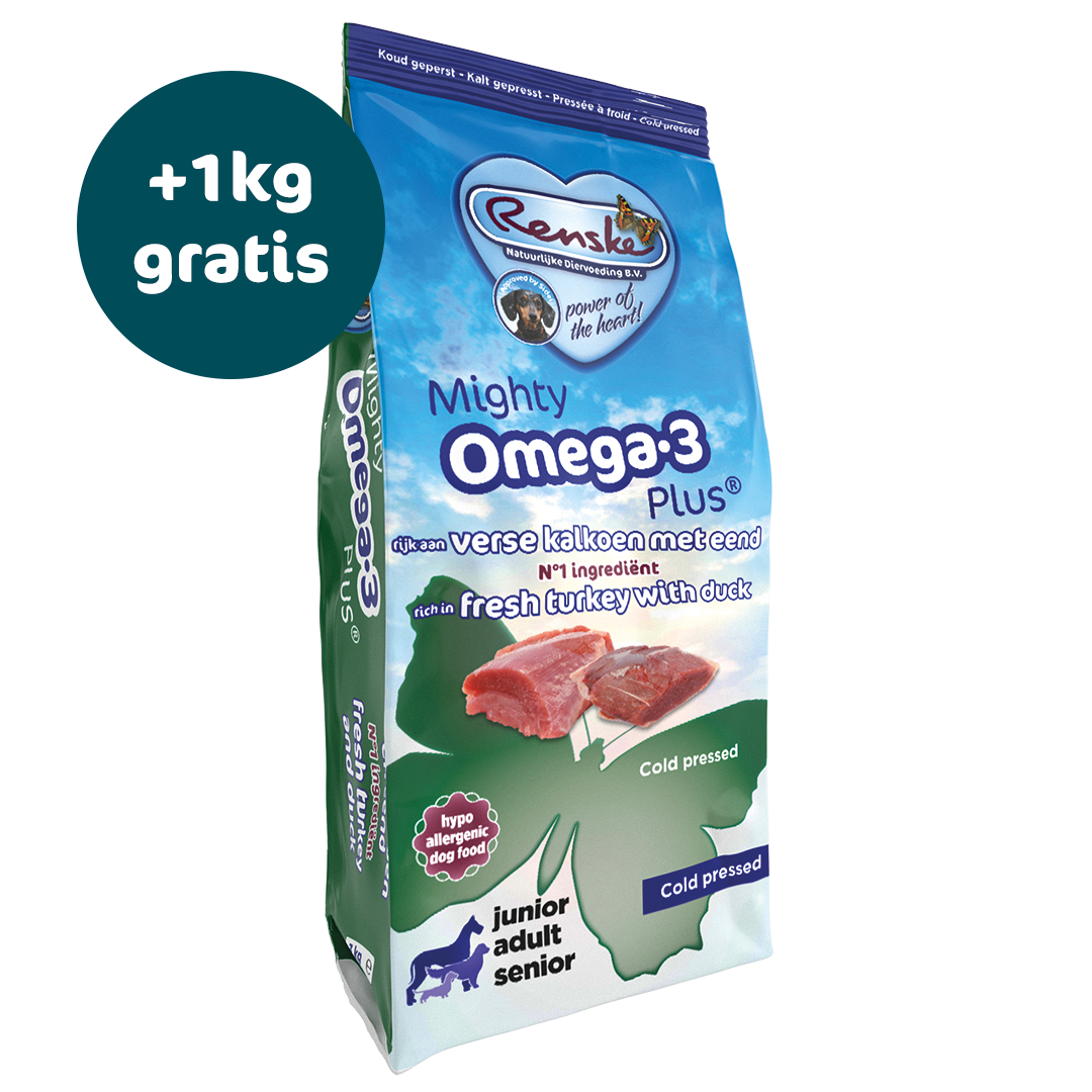 Renske Mighty Omega Plus - Kalkoen & Eend Koudgeperst 12 kg - Nu tijdelijk 1kg gratis (ontvang 2x 6,5 kg i.p.v. 12 kg)