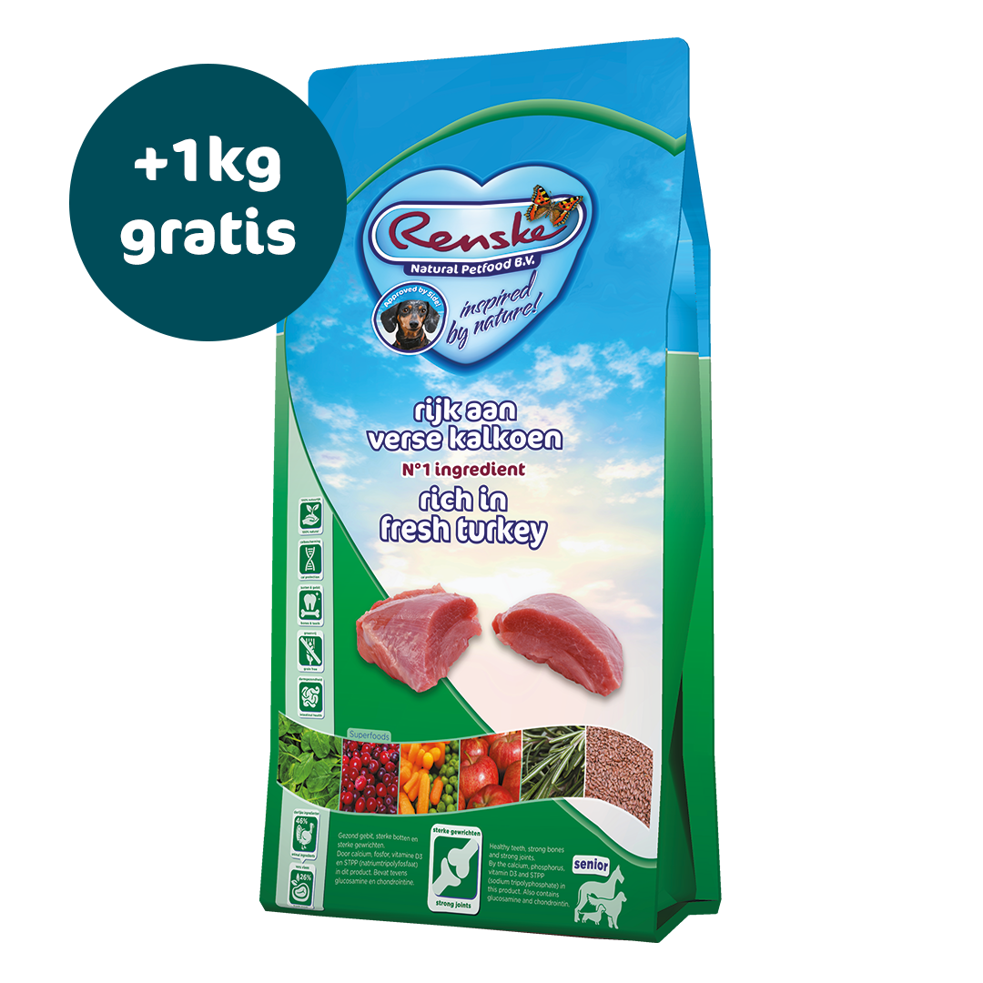 Renske Super Premium - Senior - Verse Kalkoen Graanvrij 12 kg - Nu tijdelijk 1kg gratis (ontvang 2x 6,5 kg i.p.v. 12 kg)