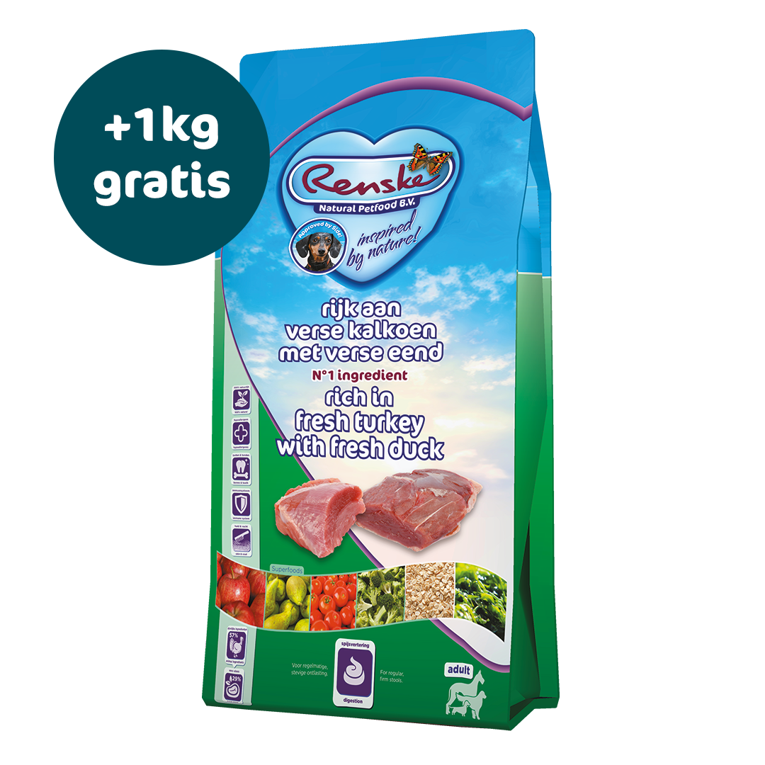 Renske Super Premium - Verse Kalkoen en Eend 12 kg - Nu tijdelijk 1kg gratis (ontvang 2x 6,5 kg i.p.v. 12 kg)
