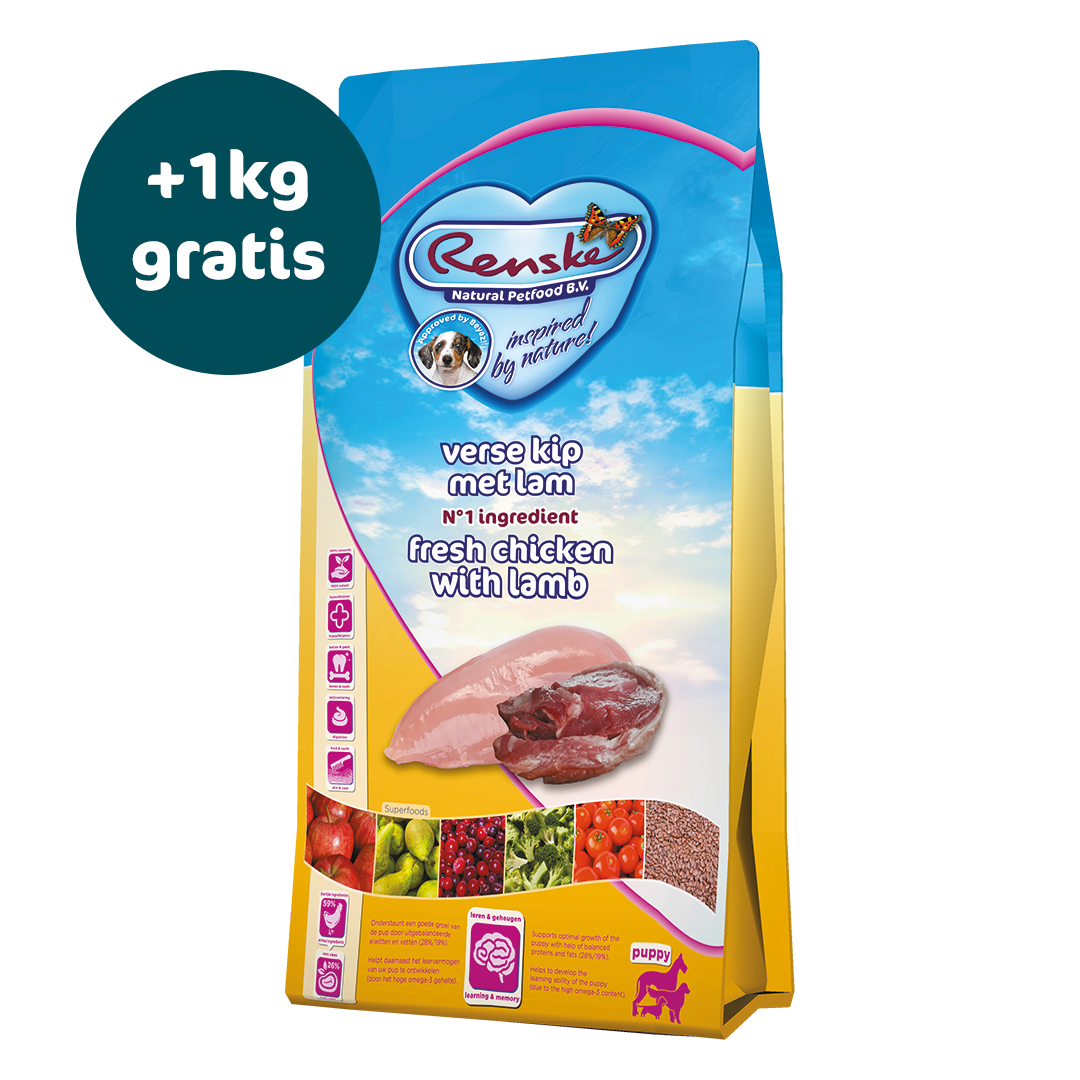 Renske Super Premium - Puppy - Verse Kip en Lam 12 kg - Nu tijdelijk 1kg gratis (ontvang 2x 6,5 kg i.p.v. 12 kg)
