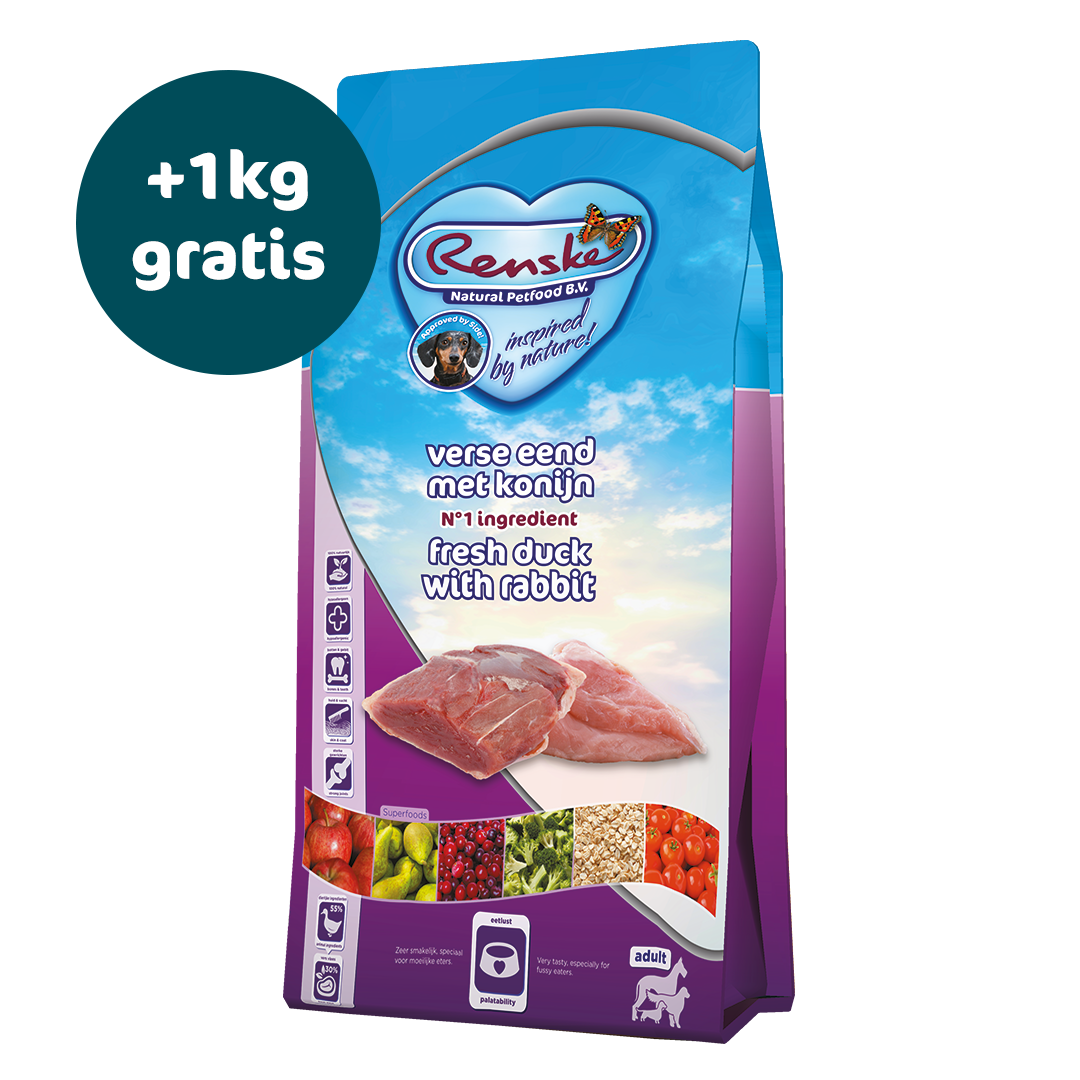 Renske Super Premium - Verse Eend en Konijn 12 kg - Nu tijdelijk 1kg gratis (ontvang 2x 6,5 kg i.p.v. 12 kg)