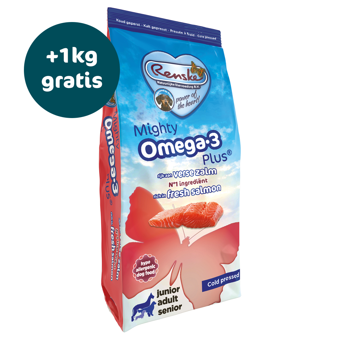 Renske Mighty Omega Plus - Zalm Koudgeperst 12 kg - Nu tijdelijk 1kg gratis (ontvang 2x 6,5 kg i.p.v. 12 kg)