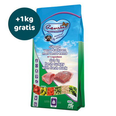 Renske Super Premium - Verse Kalkoen en Eend 12 kg - Nu tijdelijk 1kg gratis (ontvang 2x 6,5 kg i.p.v. 12 kg)